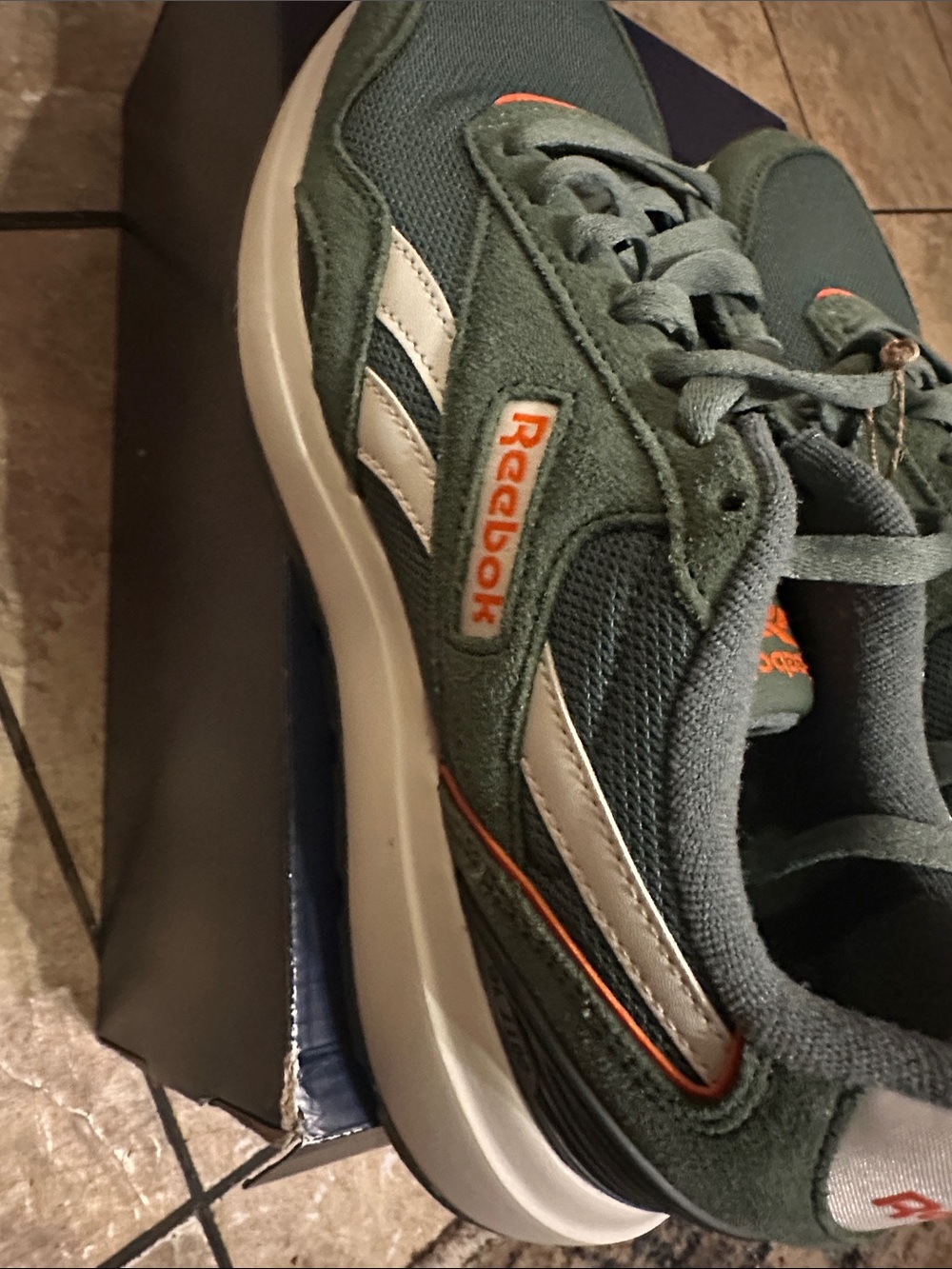 Reebok Men’s Dark Green Suede & Mesh Sneakers with Orange Accents